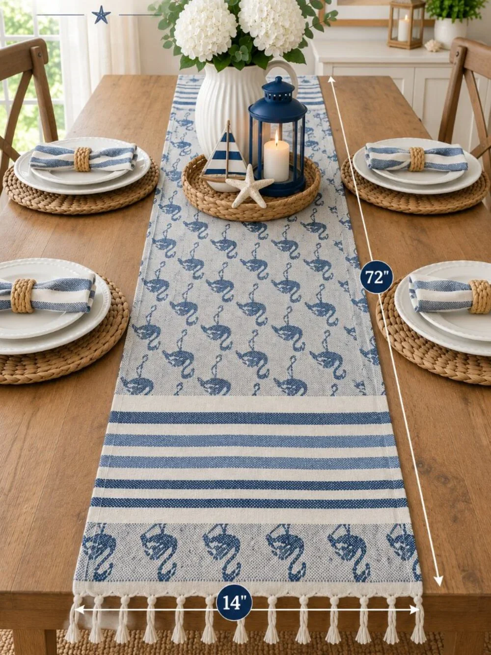 THD Textiles Blue Cream Nautical Cotton Table Runner Coastal Decor NWOT